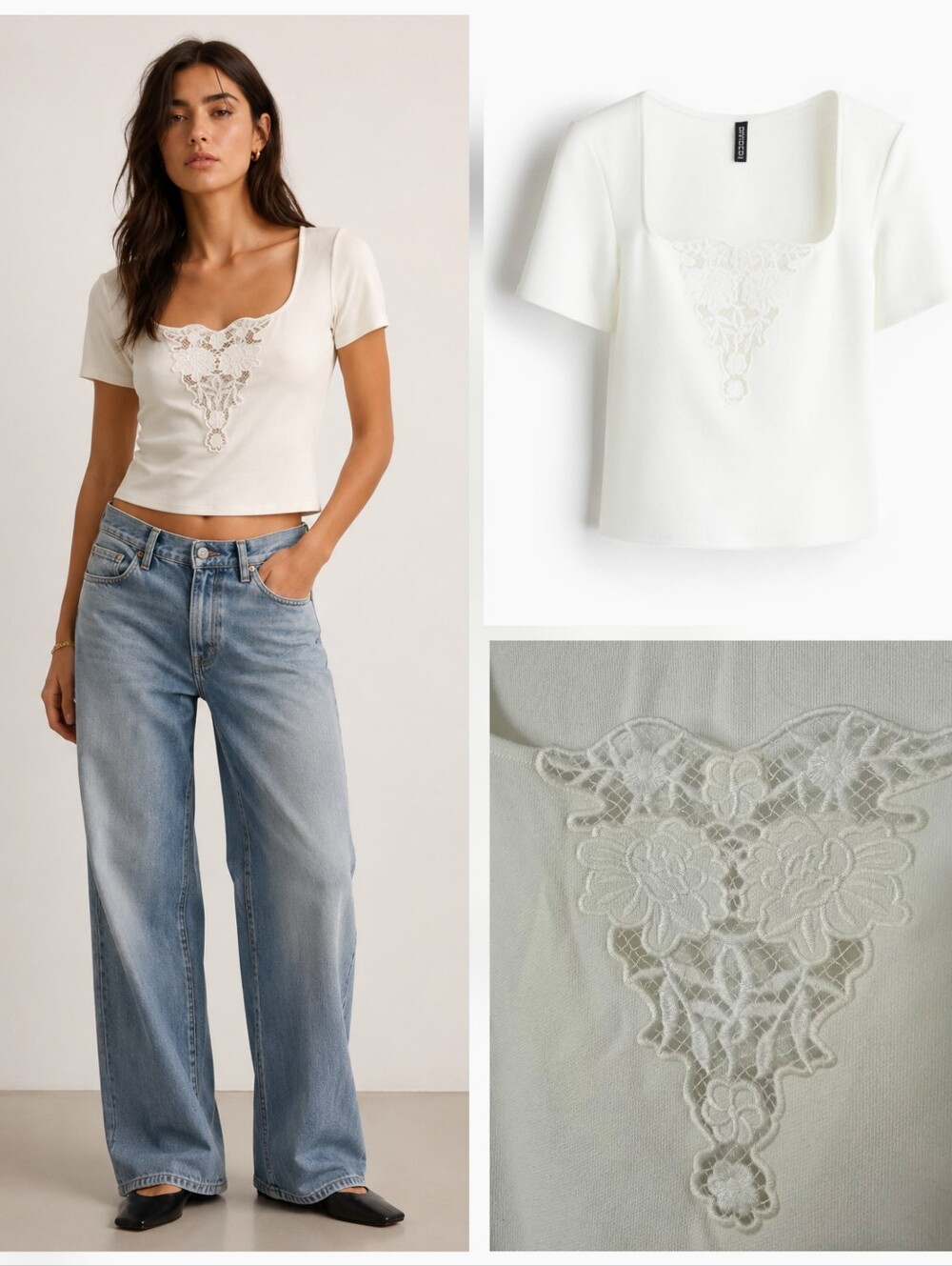 H&M TOP WITH EYELET EMBROIDERED DETAIL